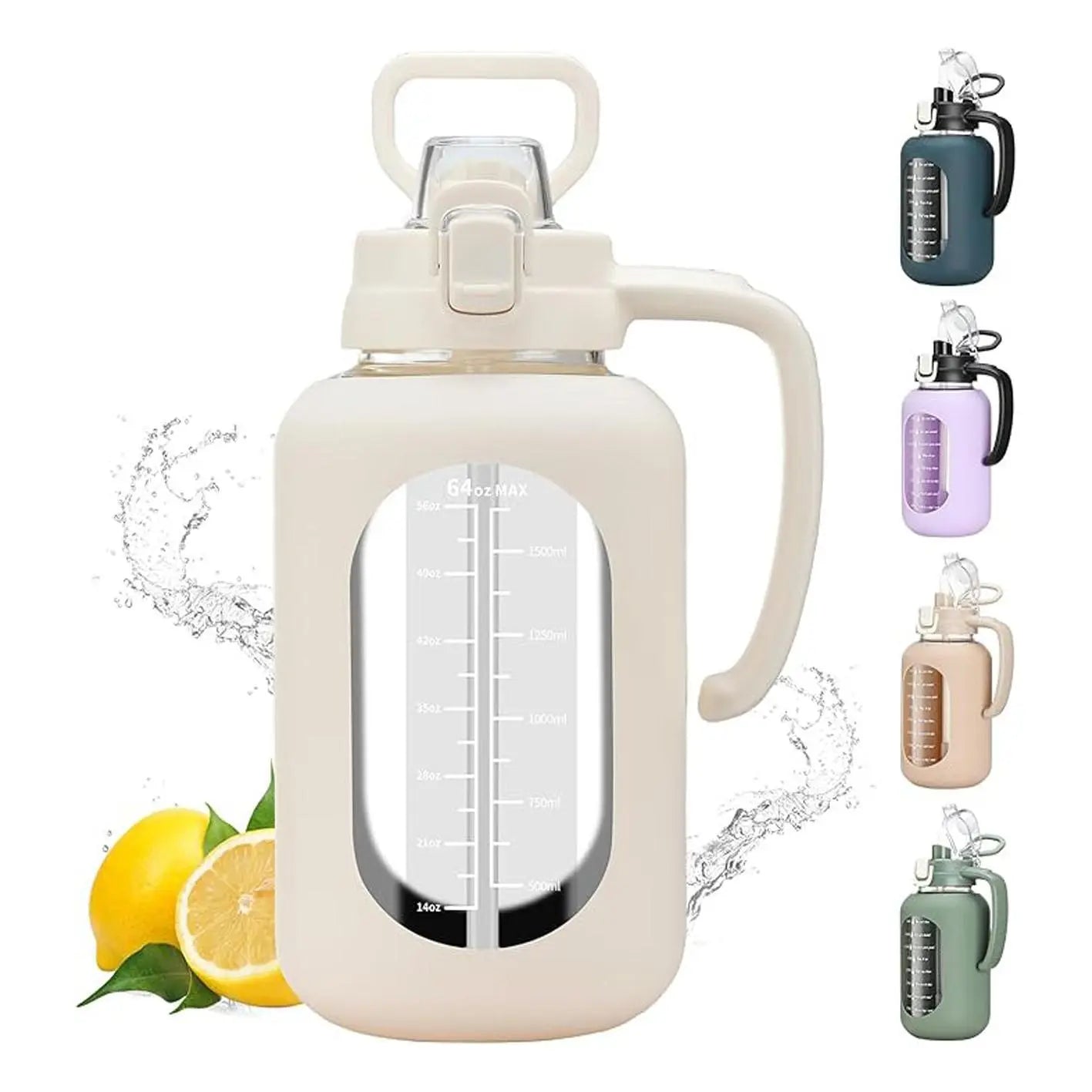 【Olivego】64 Oz Glass Water Bottle with Time Marker Motivational Water Jug for Gym & Fitness Large Half Gallon Capacity Bpa-Free Leak-Proof Sports Water Bottle with Silicone Sleeve & Handle Lid - Drink