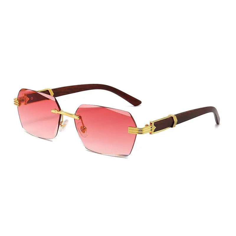 Square Rimless Sunglasses Women Men Fashion Vintage Popular Travel Wooden Sun Glasses Metal Shades Vintage Trendy Sunglass Sporty Unisex Tangle Free Aviator Sunglass