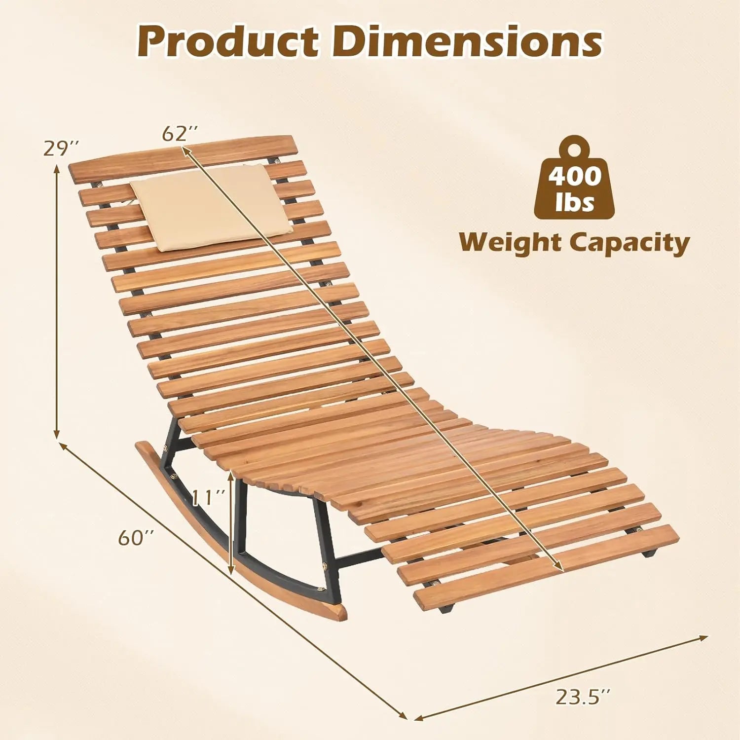 COSTWAY Outdoor Rocking Chaise, Lounge Acacia Wood Patio Lounger with Slatted Seat & S-Shaped Design, Rocking Sun Lounge with Padded Headrest, for Backyard Poolside Garden Outdoorfun