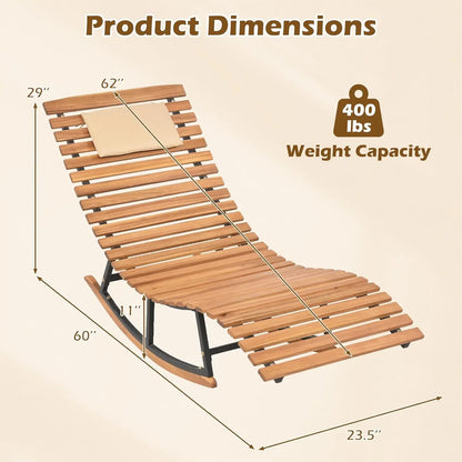 COSTWAY Outdoor Rocking Chaise, Lounge Acacia Wood Patio Lounger with Slatted Seat & S-Shaped Design, Rocking Sun Lounge with Padded Headrest, for Backyard Poolside Garden Outdoorfun