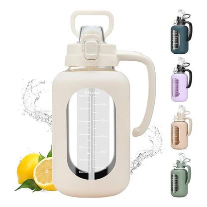 【Olivego】64 Oz Glass Water Bottle with Time Marker Motivational Water Jug for Gym & Fitness Large Half Gallon Capacity Bpa-Free Leak-Proof Sports Water Bottle with Silicone Sleeve & Handle Lid - Drink