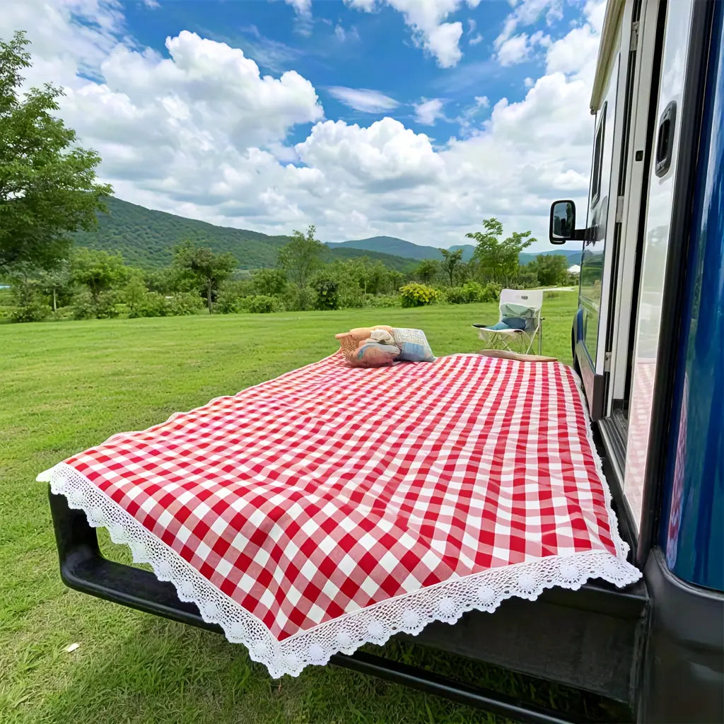 RV Mat, Summer Outdoor Picnic Mat, Red Checkered Lace Design, Thick and Portable, Suitable for Camping, Beach, Lawn, and Photography, Lightweight Picnic Mat