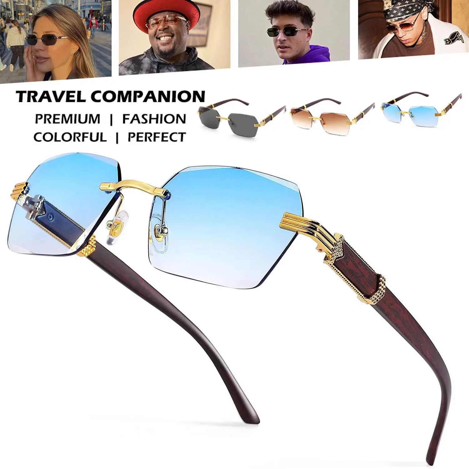 Square Rimless Sunglasses Women Men Fashion Vintage Popular Travel Wooden Sun Glasses Metal Shades Vintage Trendy Sunglass Sporty Unisex Tangle Free Aviator Sunglass