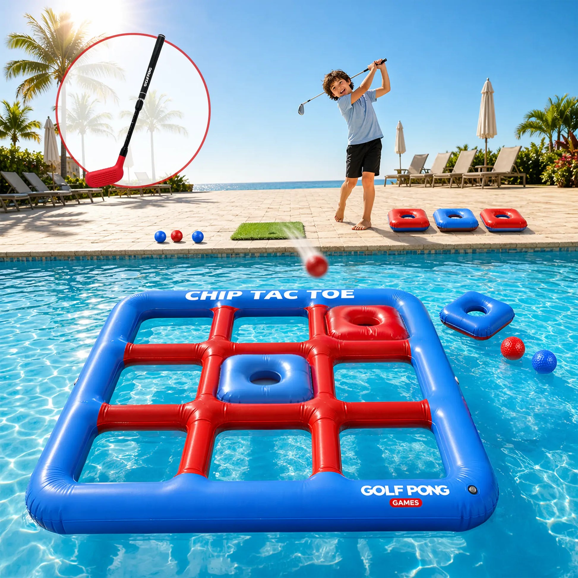 Chip Tac Toe - Floating Golf Pool Toys for Adults and Teens, Outdoor Toys for Pool Parties and Beach Days, Yard Games for Backyard Fun and Summer Gatherings