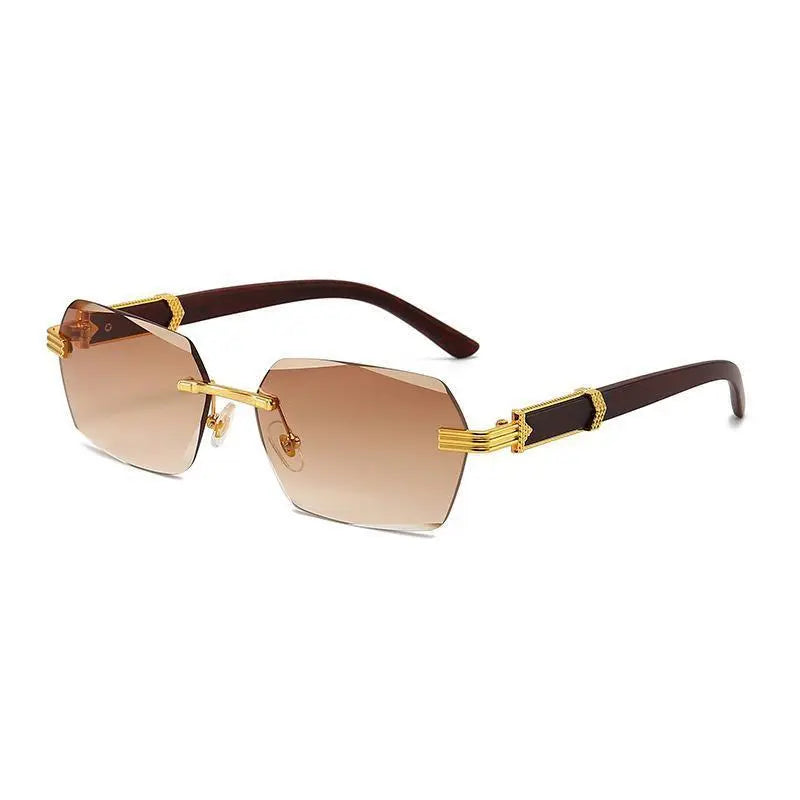 Square Rimless Sunglasses Women Men Fashion Vintage Popular Travel Wooden Sun Glasses Metal Shades Vintage Trendy Sunglass Sporty Unisex Tangle Free Aviator Sunglass