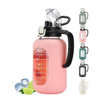 【Olivego】64 Oz Glass Water Bottle with Time Marker Motivational Water Jug for Gym & Fitness Large Half Gallon Capacity Bpa-Free Leak-Proof Sports Water Bottle with Silicone Sleeve & Handle Lid - Drink