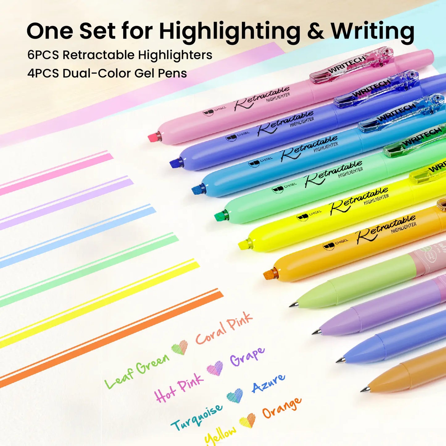 WRITECH Gel Pens Journaling Highlighters: Journal Set Aesthetic Assorted Pastel Color Ink 0.5Mm Fine Point Retractable 2 in 1 Pen Smooth Writing Drawing 10Ct