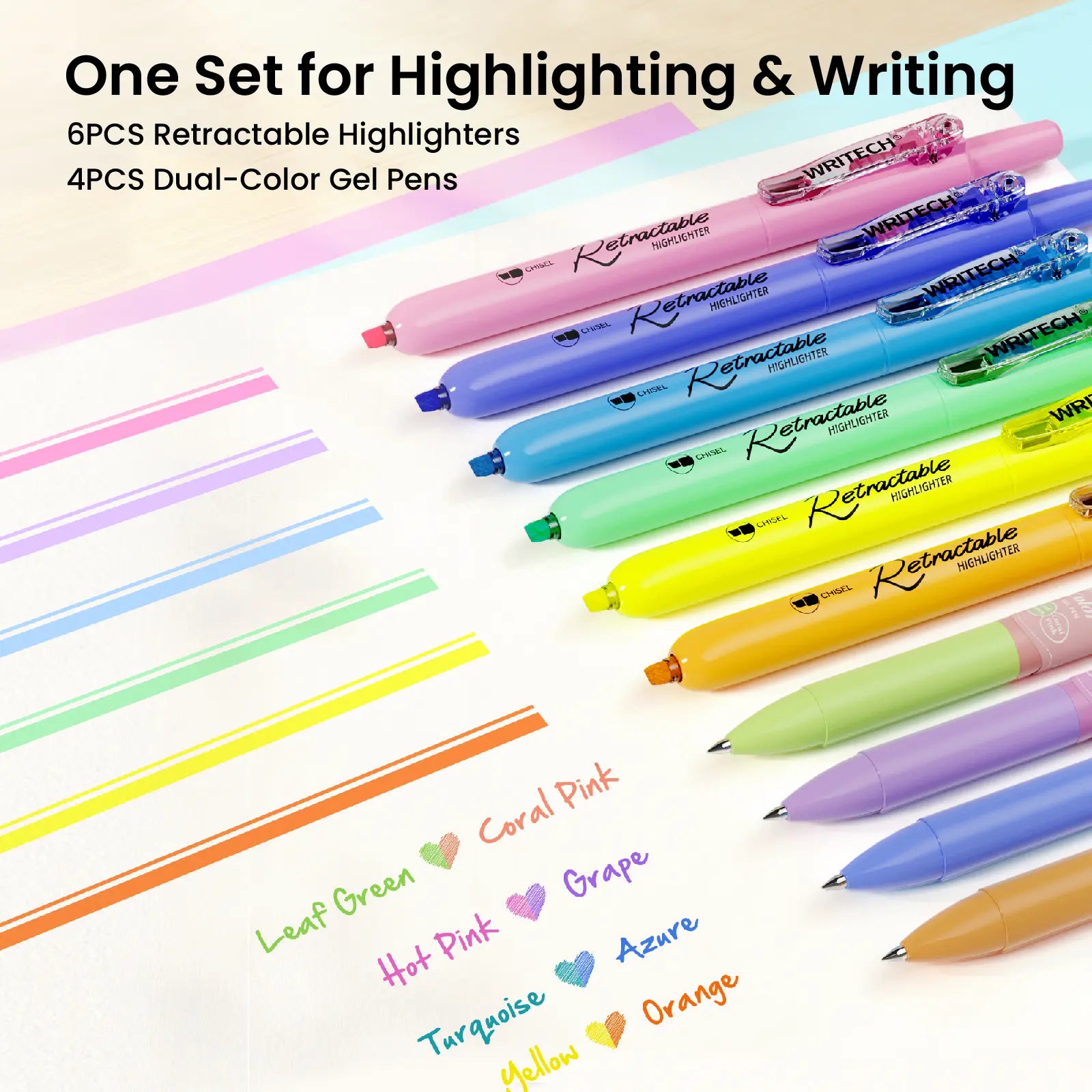 WRITECH Gel Pens Journaling Highlighters: Journal Set Aesthetic Assorted Pastel Color Ink 0.5Mm Fine Point Retractable 2 in 1 Pen Smooth Writing Drawing 10Ct