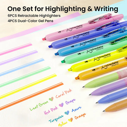 WRITECH Gel Pens Journaling Highlighters: Journal Set Aesthetic Assorted Pastel Color Ink 0.5Mm Fine Point Retractable 2 in 1 Pen Smooth Writing Drawing 10Ct