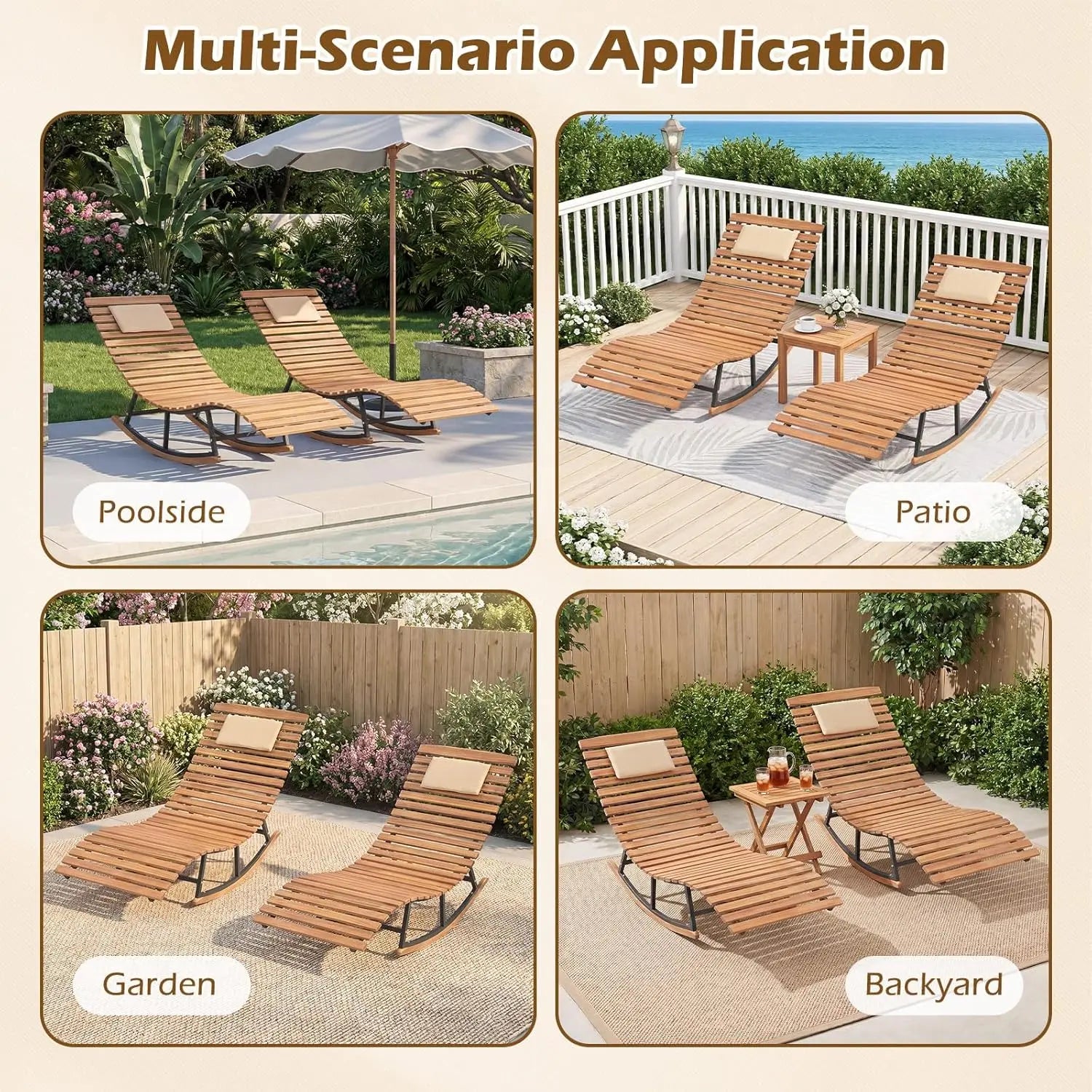 COSTWAY Outdoor Rocking Chaise, Lounge Acacia Wood Patio Lounger with Slatted Seat & S-Shaped Design, Rocking Sun Lounge with Padded Headrest, for Backyard Poolside Garden Outdoorfun