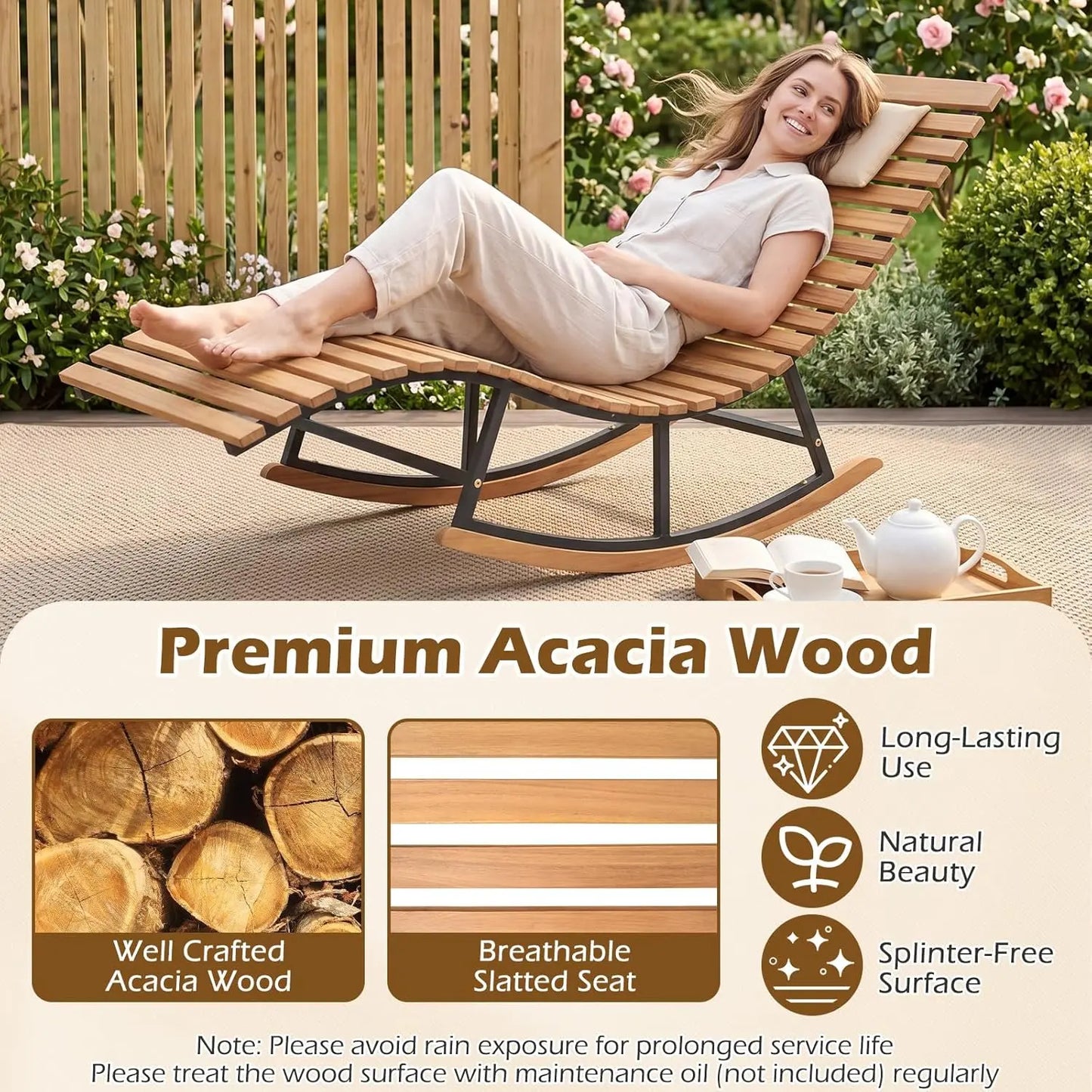 COSTWAY Outdoor Rocking Chaise, Lounge Acacia Wood Patio Lounger with Slatted Seat & S-Shaped Design, Rocking Sun Lounge with Padded Headrest, for Backyard Poolside Garden Outdoorfun
