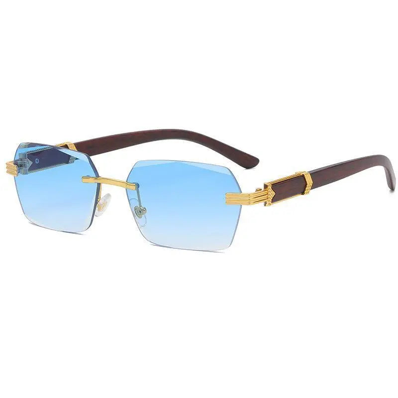 Square Rimless Sunglasses Women Men Fashion Vintage Popular Travel Wooden Sun Glasses Metal Shades Vintage Trendy Sunglass Sporty Unisex Tangle Free Aviator Sunglass