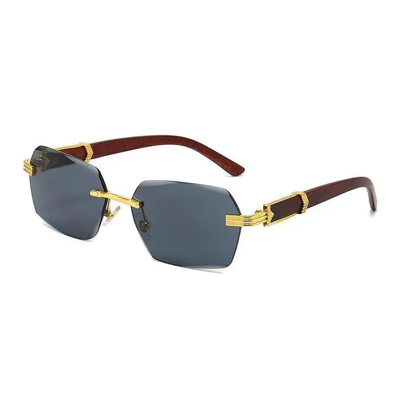 Square Rimless Sunglasses Women Men Fashion Vintage Popular Travel Wooden Sun Glasses Metal Shades Vintage Trendy Sunglass Sporty Unisex Tangle Free Aviator Sunglass
