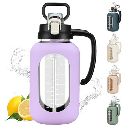 【Olivego】64 Oz Glass Water Bottle with Time Marker Motivational Water Jug for Gym & Fitness Large Half Gallon Capacity Bpa-Free Leak-Proof Sports Water Bottle with Silicone Sleeve & Handle Lid - Drink