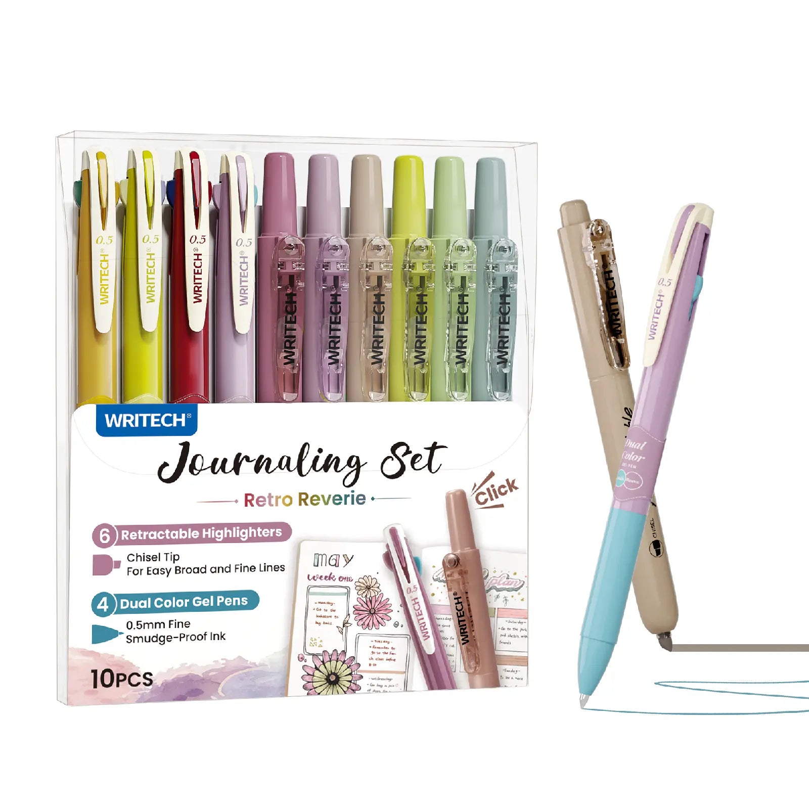 WRITECH Gel Pens Journaling Highlighters: Journal Set Aesthetic Assorted Pastel Color Ink 0.5Mm Fine Point Retractable 2 in 1 Pen Smooth Writing Drawing 10Ct