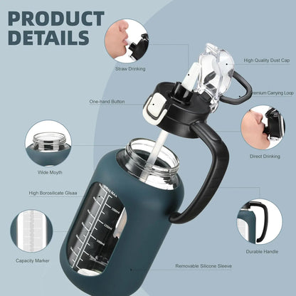 【Olivego】64 Oz Glass Water Bottle with Time Marker Motivational Water Jug for Gym & Fitness Large Half Gallon Capacity Bpa-Free Leak-Proof Sports Water Bottle with Silicone Sleeve & Handle Lid - Drink