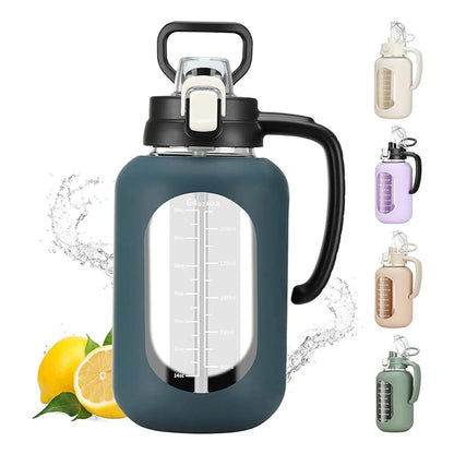 【Olivego】64 Oz Glass Water Bottle with Time Marker Motivational Water Jug for Gym & Fitness Large Half Gallon Capacity Bpa-Free Leak-Proof Sports Water Bottle with Silicone Sleeve & Handle Lid - Drink