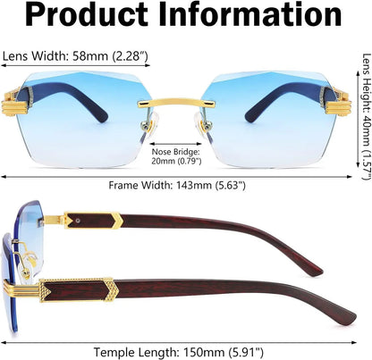 Square Rimless Sunglasses Women Men Fashion Vintage Popular Travel Wooden Sun Glasses Metal Shades Vintage Trendy Sunglass Sporty Unisex Tangle Free Aviator Sunglass