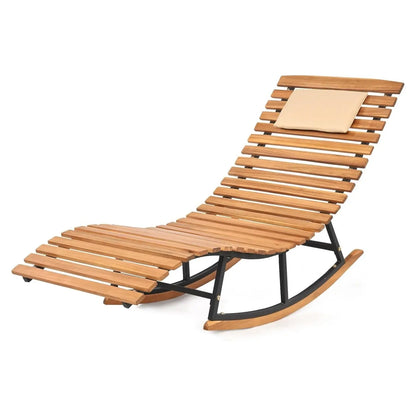 COSTWAY Outdoor Rocking Chaise, Lounge Acacia Wood Patio Lounger with Slatted Seat & S-Shaped Design, Rocking Sun Lounge with Padded Headrest, for Backyard Poolside Garden Outdoorfun