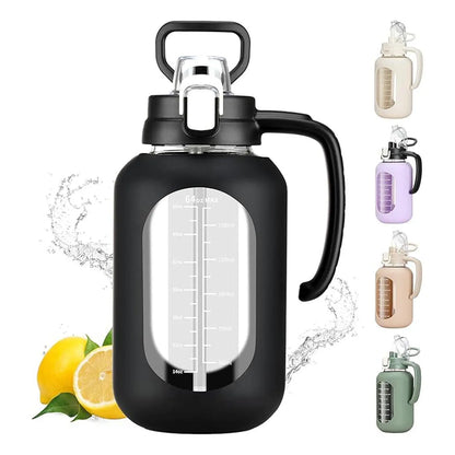 【Olivego】64 Oz Glass Water Bottle with Time Marker Motivational Water Jug for Gym & Fitness Large Half Gallon Capacity Bpa-Free Leak-Proof Sports Water Bottle with Silicone Sleeve & Handle Lid - Drink