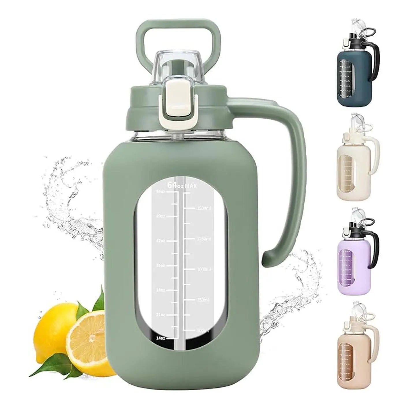 【Olivego】64 Oz Glass Water Bottle with Time Marker Motivational Water Jug for Gym & Fitness Large Half Gallon Capacity Bpa-Free Leak-Proof Sports Water Bottle with Silicone Sleeve & Handle Lid - Drink