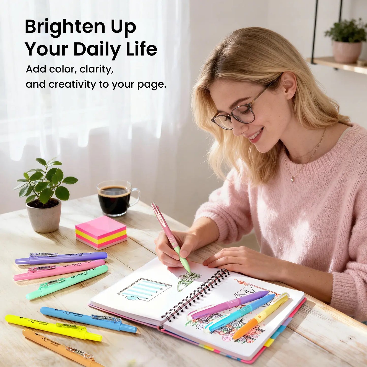 WRITECH Gel Pens Journaling Highlighters: Journal Set Aesthetic Assorted Pastel Color Ink 0.5Mm Fine Point Retractable 2 in 1 Pen Smooth Writing Drawing 10Ct