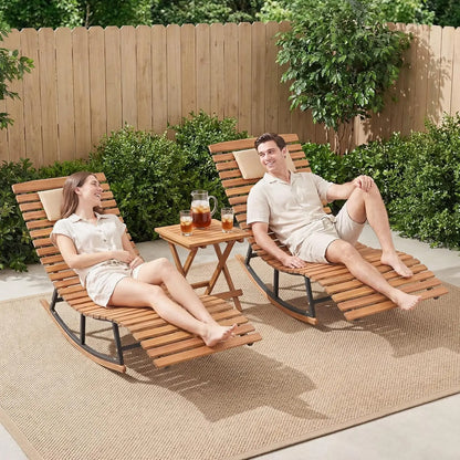 COSTWAY Outdoor Rocking Chaise, Lounge Acacia Wood Patio Lounger with Slatted Seat & S-Shaped Design, Rocking Sun Lounge with Padded Headrest, for Backyard Poolside Garden Outdoorfun