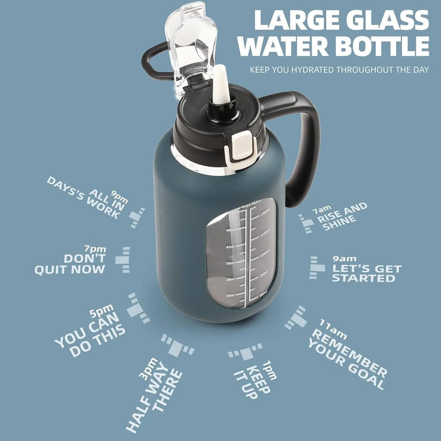 【Olivego】64 Oz Glass Water Bottle with Time Marker Motivational Water Jug for Gym & Fitness Large Half Gallon Capacity Bpa-Free Leak-Proof Sports Water Bottle with Silicone Sleeve & Handle Lid - Drink