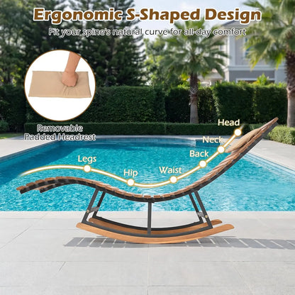 COSTWAY Outdoor Rocking Chaise, Lounge Acacia Wood Patio Lounger with Slatted Seat & S-Shaped Design, Rocking Sun Lounge with Padded Headrest, for Backyard Poolside Garden Outdoorfun