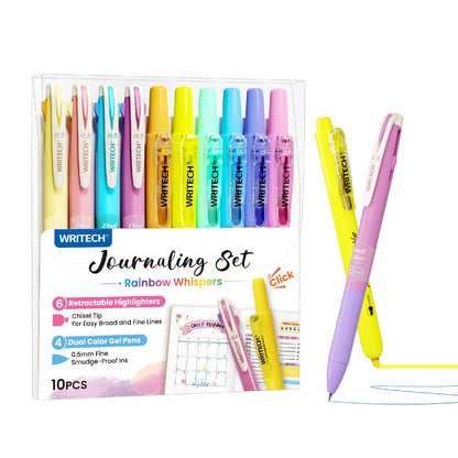 WRITECH Gel Pens Journaling Highlighters: Journal Set Aesthetic Assorted Pastel Color Ink 0.5Mm Fine Point Retractable 2 in 1 Pen Smooth Writing Drawing 10Ct