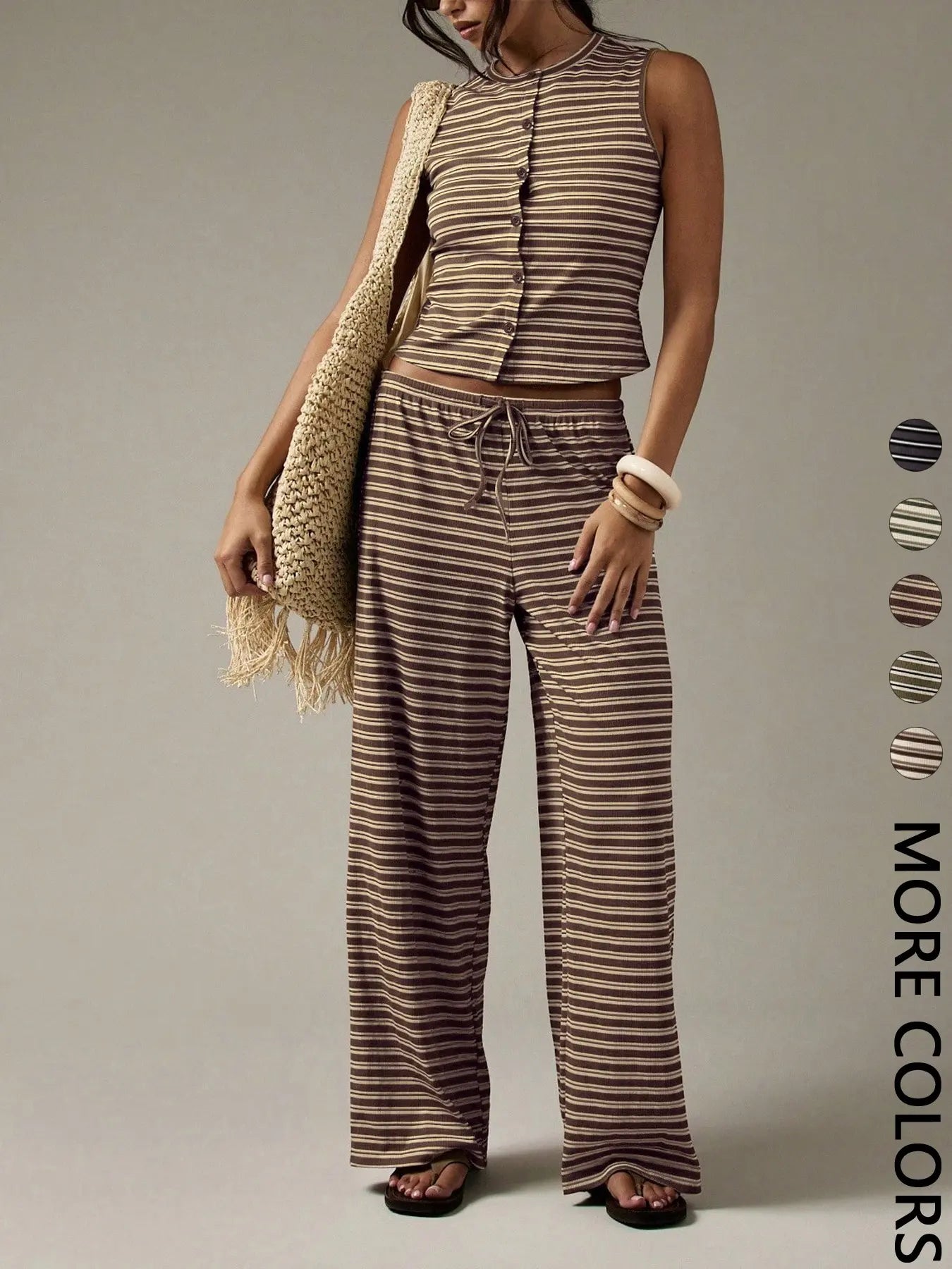 Women'S Boho Style Two Piece Casual Button Crop Top and Wide Leg Pants Set, Striped Pattern Loungewear Co Ord, Summer Beach Vacation Resort Wear
