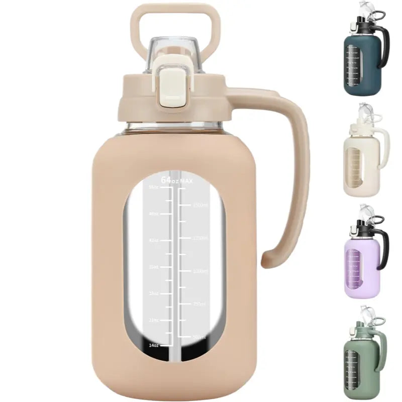 【Olivego】64 Oz Glass Water Bottle with Time Marker Motivational Water Jug for Gym & Fitness Large Half Gallon Capacity Bpa-Free Leak-Proof Sports Water Bottle with Silicone Sleeve & Handle Lid - Drink