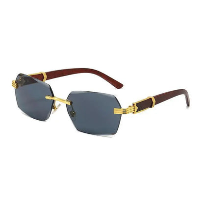 Square Rimless Sunglasses Women Men Fashion Vintage Popular Travel Wooden Sun Glasses Metal Shades Vintage Trendy Sunglass Sporty Unisex Tangle Free Aviator Sunglass