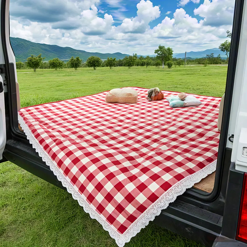 RV Mat, Summer Outdoor Picnic Mat, Red Checkered Lace Design, Thick and Portable, Suitable for Camping, Beach, Lawn, and Photography, Lightweight Picnic Mat