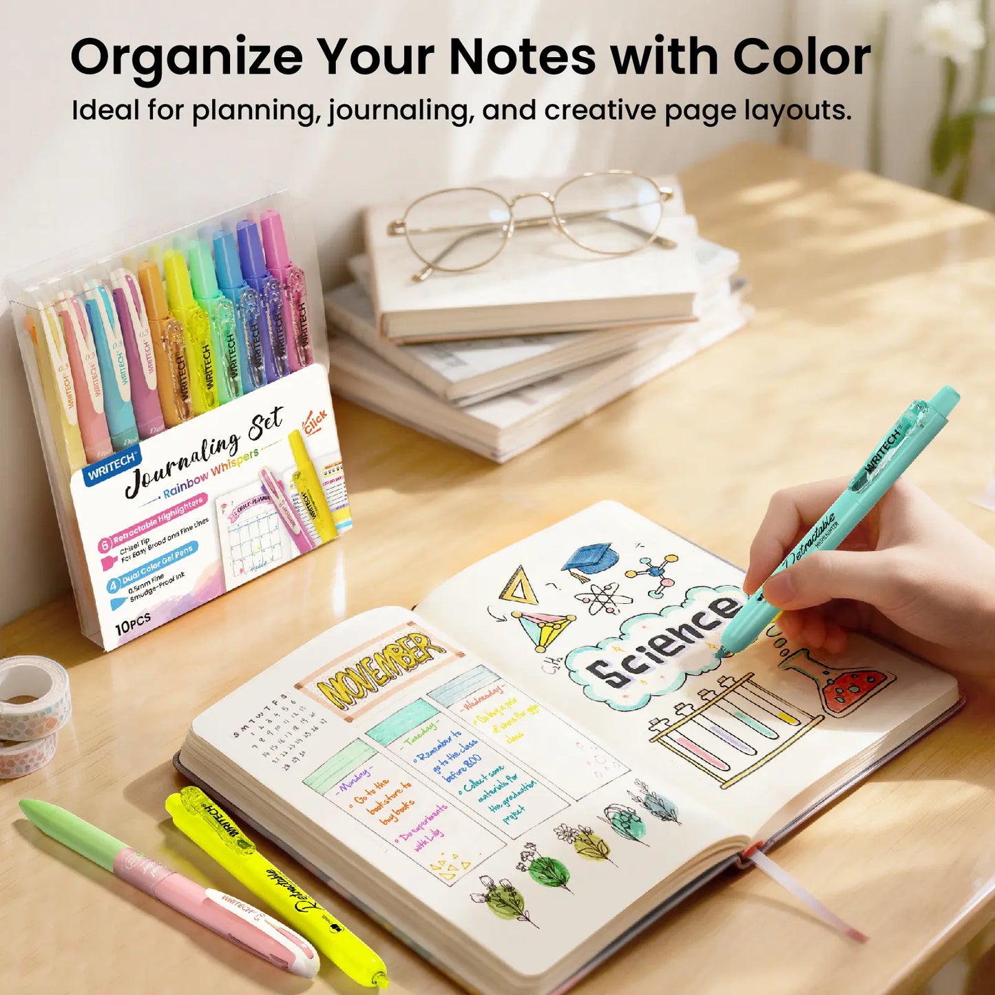 WRITECH Gel Pens Journaling Highlighters: Journal Set Aesthetic Assorted Pastel Color Ink 0.5Mm Fine Point Retractable 2 in 1 Pen Smooth Writing Drawing 10Ct