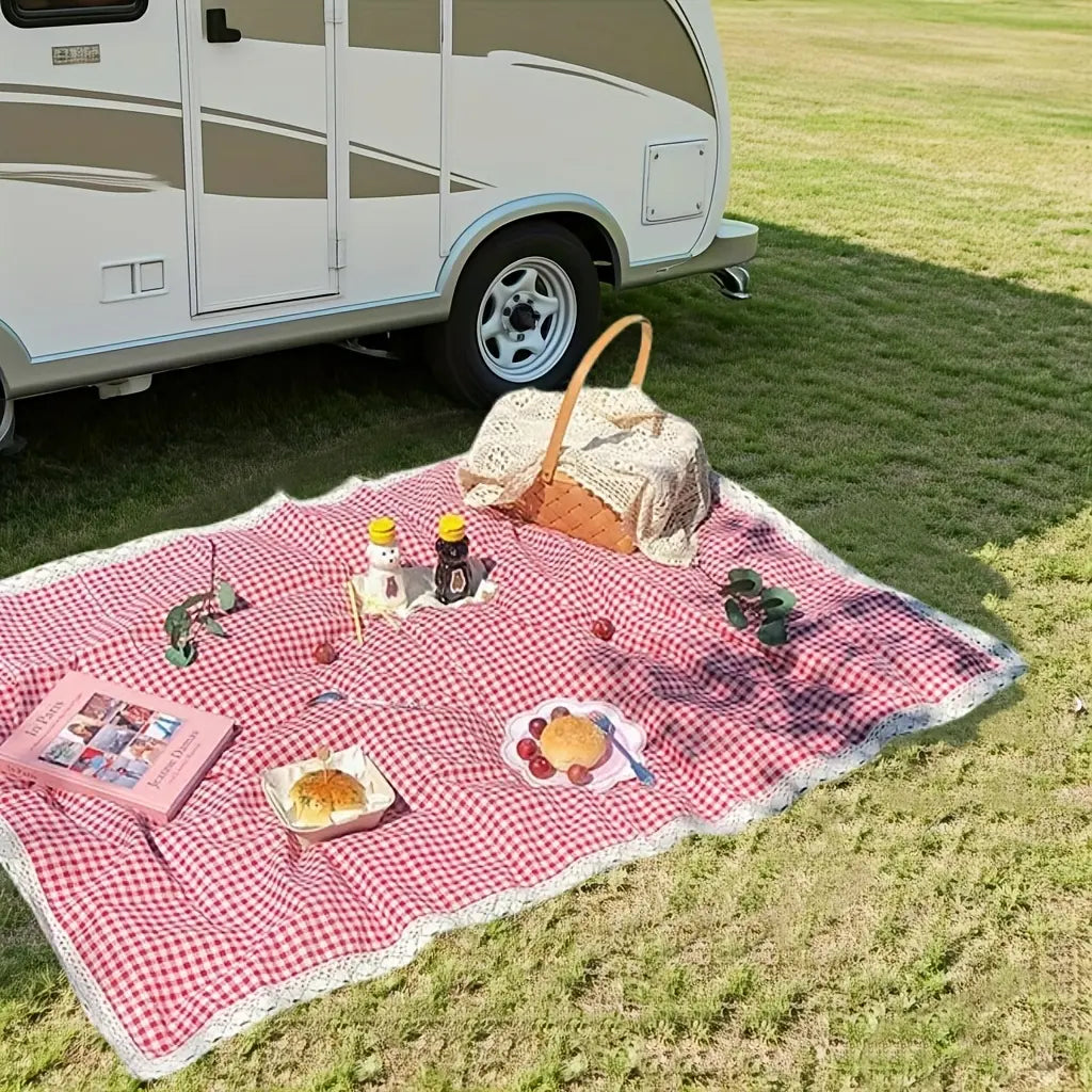 RV Mat, Summer Outdoor Picnic Mat, Red Checkered Lace Design, Thick and Portable, Suitable for Camping, Beach, Lawn, and Photography, Lightweight Picnic Mat