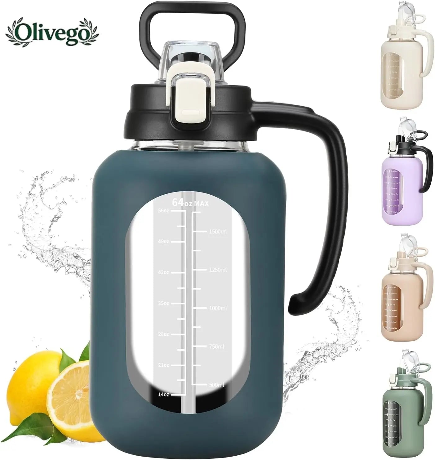 【Olivego】64 Oz Glass Water Bottle with Time Marker Motivational Water Jug for Gym & Fitness Large Half Gallon Capacity Bpa-Free Leak-Proof Sports Water Bottle with Silicone Sleeve & Handle Lid - Drink