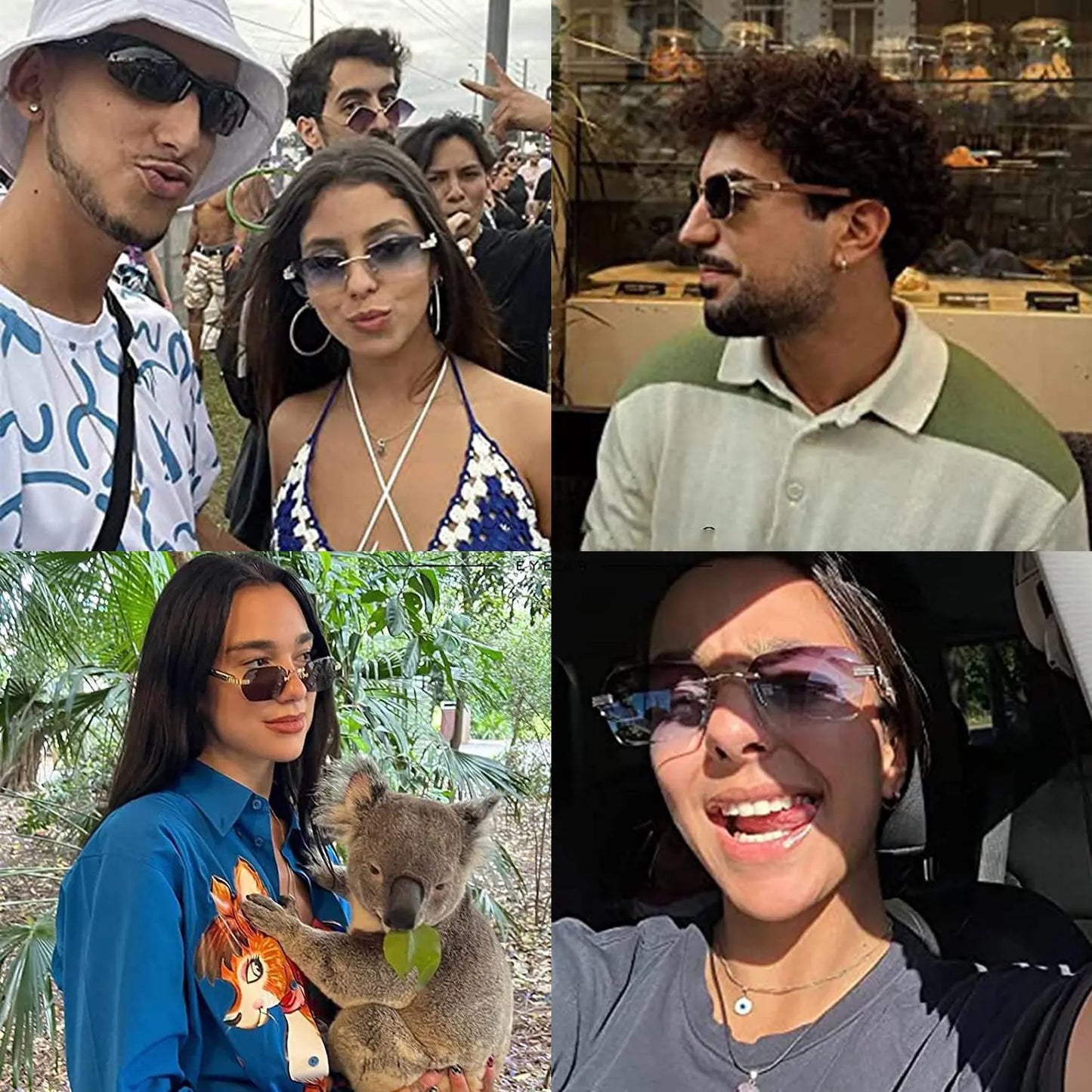 Square Rimless Sunglasses Women Men Fashion Vintage Popular Travel Wooden Sun Glasses Metal Shades Vintage Trendy Sunglass Sporty Unisex Tangle Free Aviator Sunglass