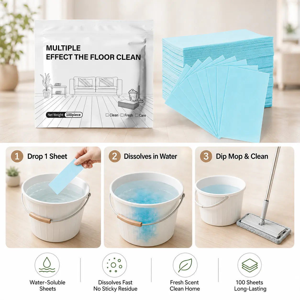100 Piece Floor Cleaning Tablets Multi-Surfacecleaner for Hardwood Laminate Tile & RV Wallsantibacterial Deodorization Maintenance