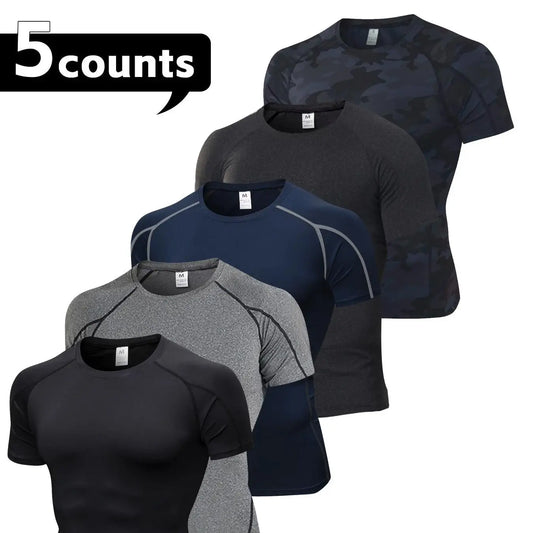 5 Pack Compression Undershirts for Men Short Sleeve Quick Dry Gym Workout Base Layer T-Shirt Running Basketball Athletic Sports Tights Breathable Activewear Athleisure Street Fit
