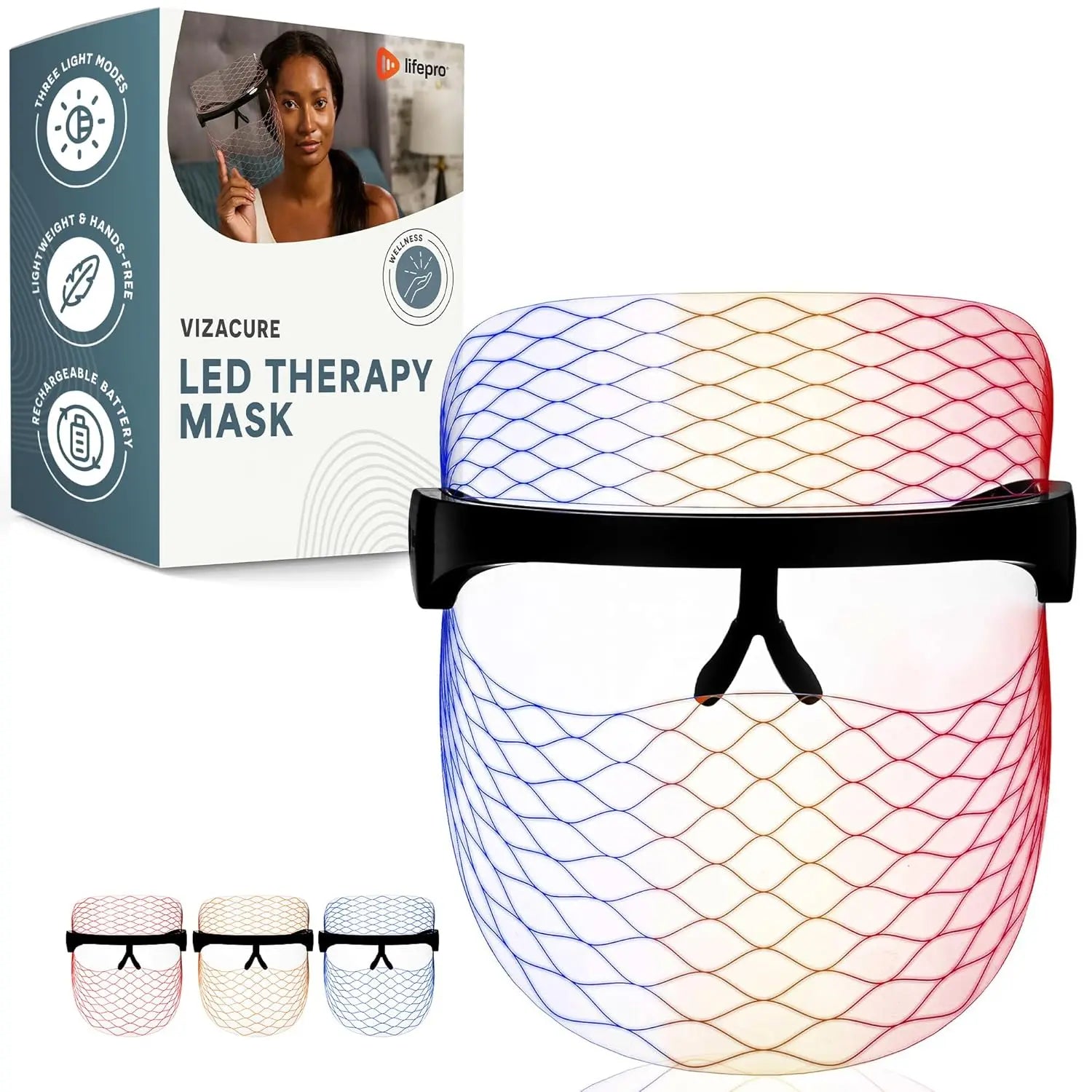 Lifepro Vizacure LED Face Mask – FDA Cleared | Red + Blue + Amber Light | Anti-Aging & Acne | 30-Day Skin Transformation