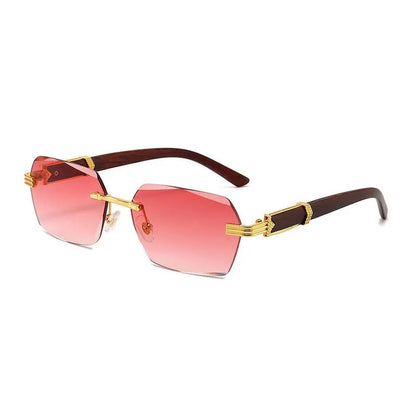 Square Rimless Sunglasses Women Men Fashion Vintage Popular Travel Wooden Sun Glasses Metal Shades Vintage Trendy Sunglass Sporty Unisex Tangle Free Aviator Sunglass