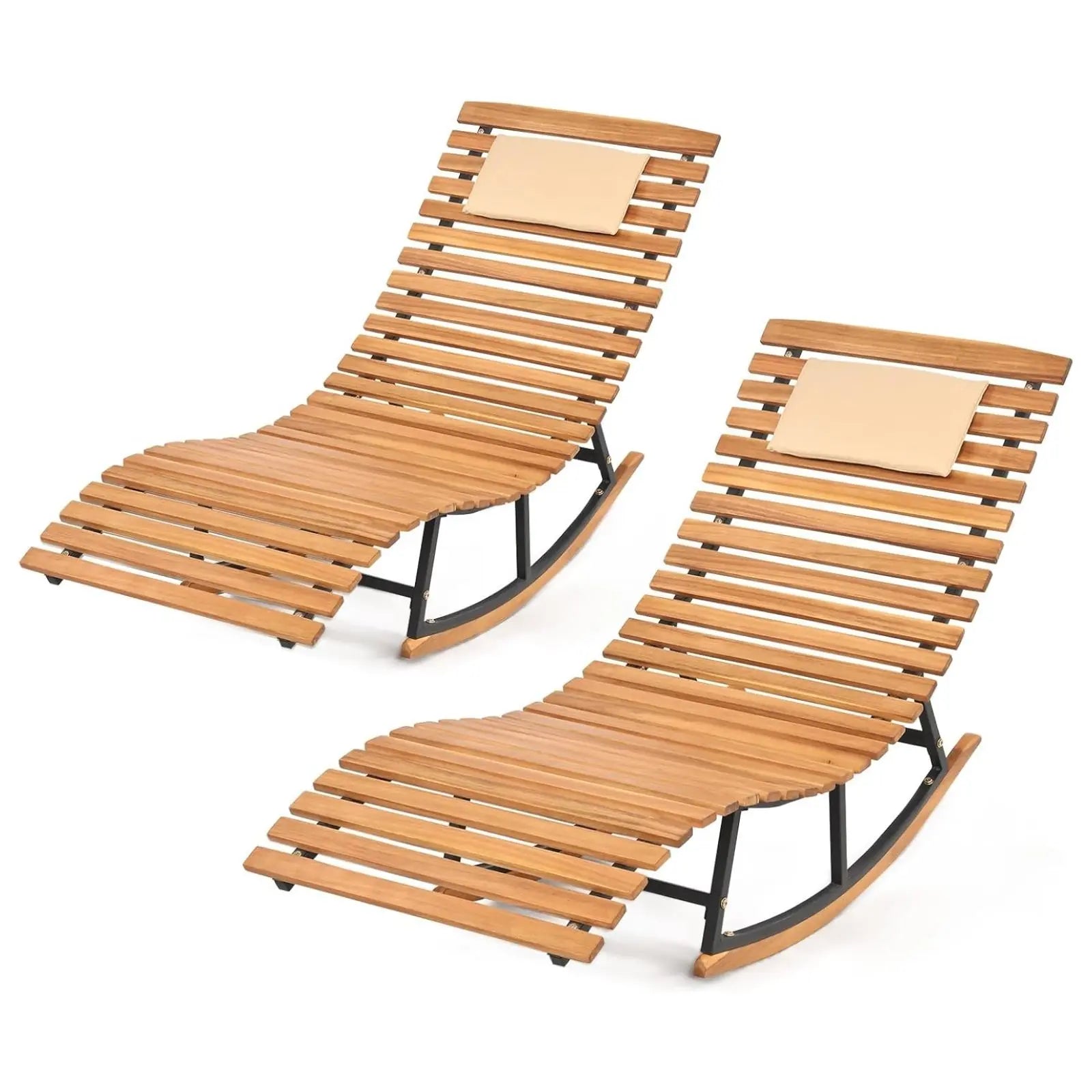 COSTWAY Outdoor Rocking Chaise, Lounge Acacia Wood Patio Lounger with Slatted Seat & S-Shaped Design, Rocking Sun Lounge with Padded Headrest, for Backyard Poolside Garden Outdoorfun