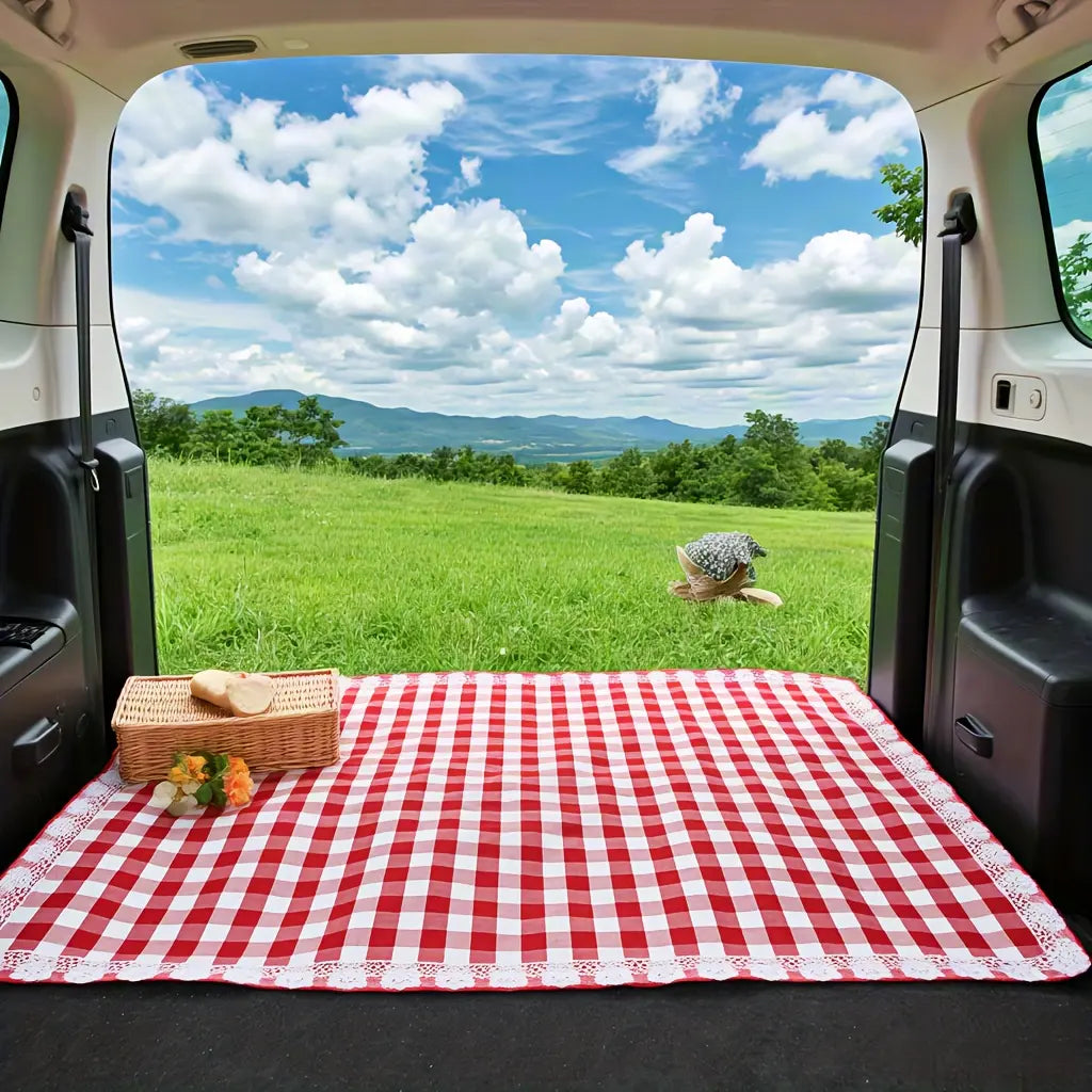 RV Mat, Summer Outdoor Picnic Mat, Red Checkered Lace Design, Thick and Portable, Suitable for Camping, Beach, Lawn, and Photography, Lightweight Picnic Mat