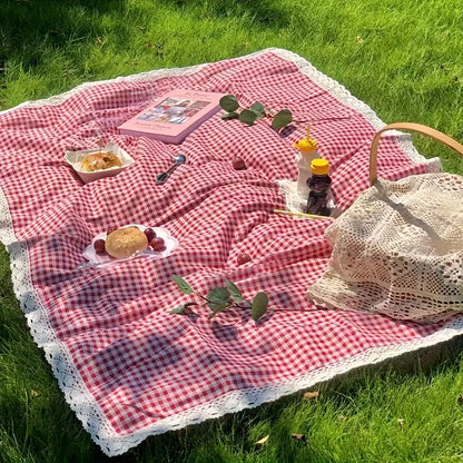 RV Mat, Summer Outdoor Picnic Mat, Red Checkered Lace Design, Thick and Portable, Suitable for Camping, Beach, Lawn, and Photography, Lightweight Picnic Mat