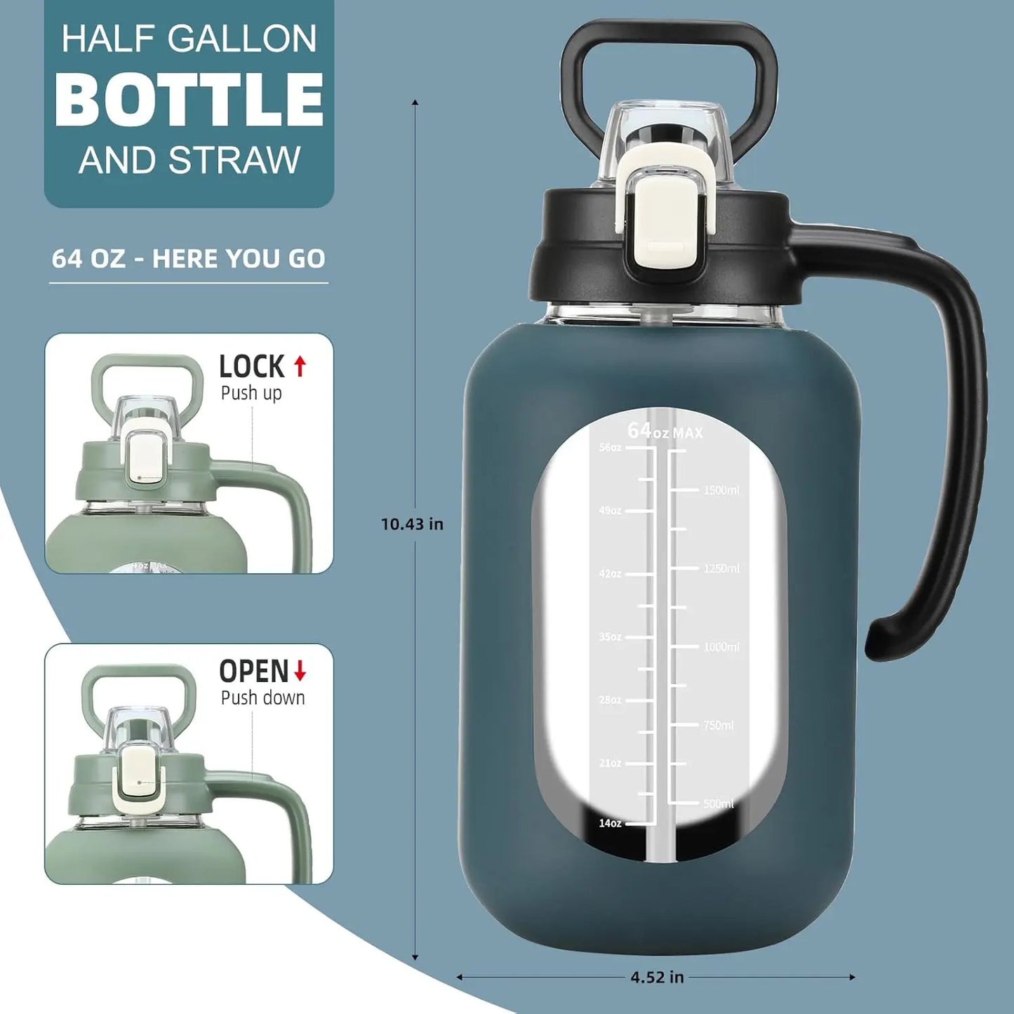 【Olivego】64 Oz Glass Water Bottle with Time Marker Motivational Water Jug for Gym & Fitness Large Half Gallon Capacity Bpa-Free Leak-Proof Sports Water Bottle with Silicone Sleeve & Handle Lid - Drink