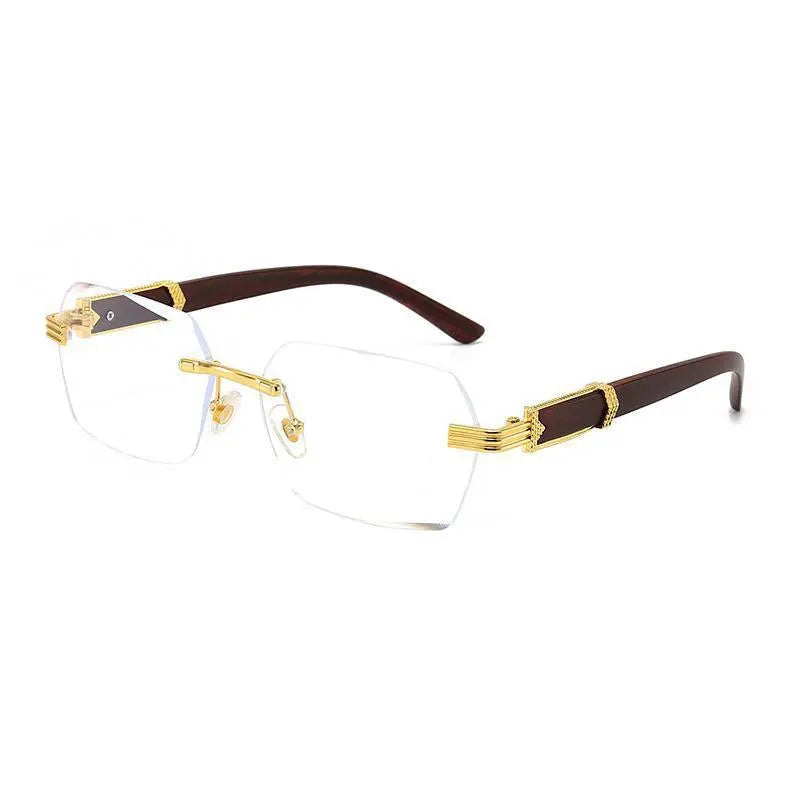 Square Rimless Sunglasses Women Men Fashion Vintage Popular Travel Wooden Sun Glasses Metal Shades Vintage Trendy Sunglass Sporty Unisex Tangle Free Aviator Sunglass