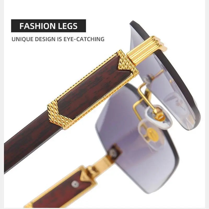 Square Rimless Sunglasses Women Men Fashion Vintage Popular Travel Wooden Sun Glasses Metal Shades Vintage Trendy Sunglass Sporty Unisex Tangle Free Aviator Sunglass