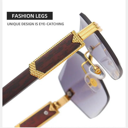 Square Rimless Sunglasses Women Men Fashion Vintage Popular Travel Wooden Sun Glasses Metal Shades Vintage Trendy Sunglass Sporty Unisex Tangle Free Aviator Sunglass