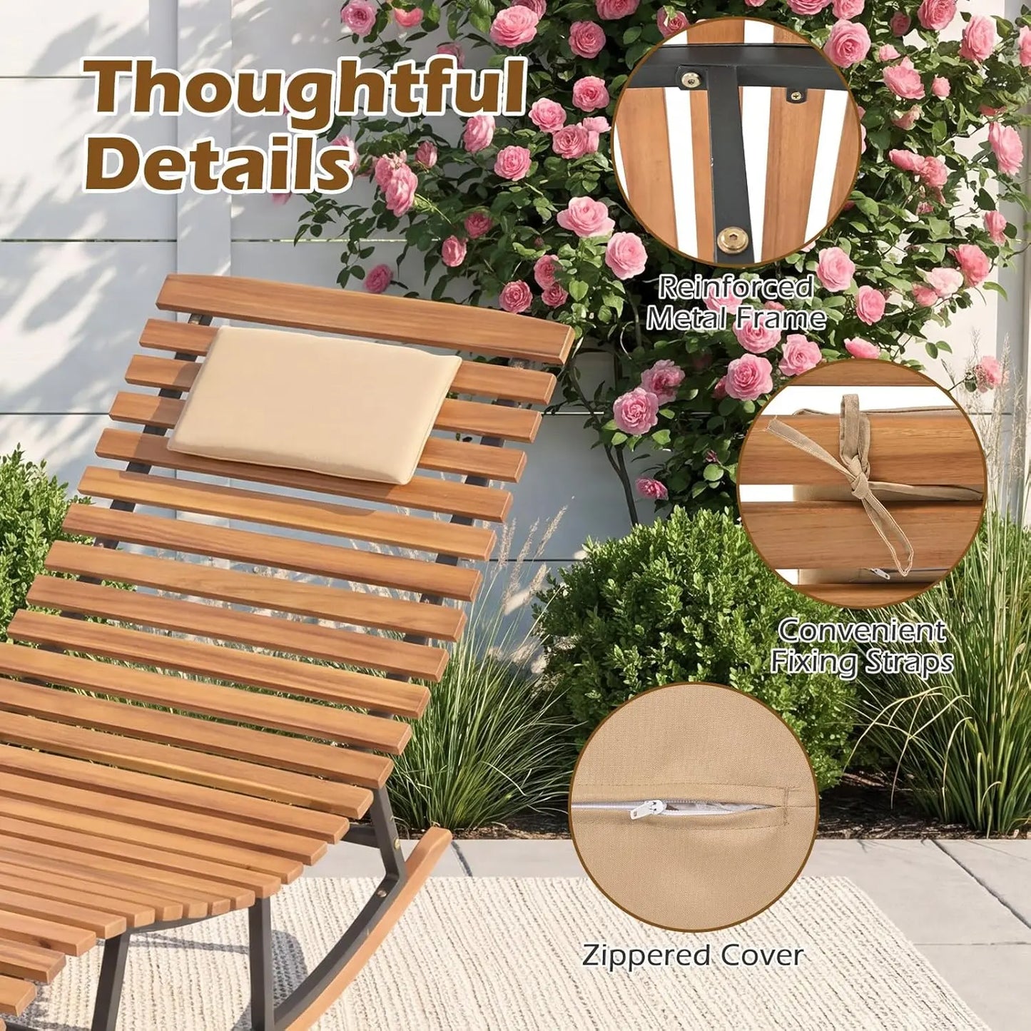 COSTWAY Outdoor Rocking Chaise, Lounge Acacia Wood Patio Lounger with Slatted Seat & S-Shaped Design, Rocking Sun Lounge with Padded Headrest, for Backyard Poolside Garden Outdoorfun